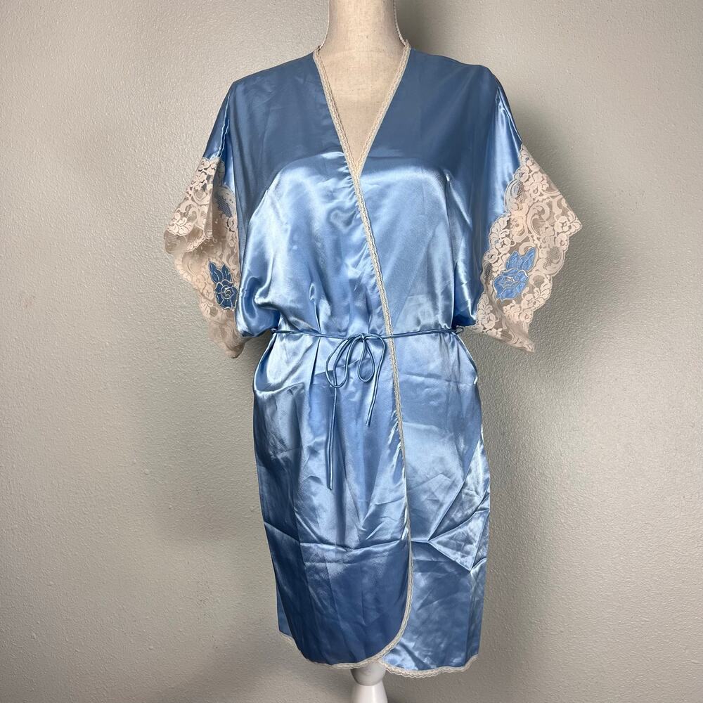 Vintage Wendy Ann Blue Satin Lace Trim Robe Kimono Wrap Dress Loungewear Large